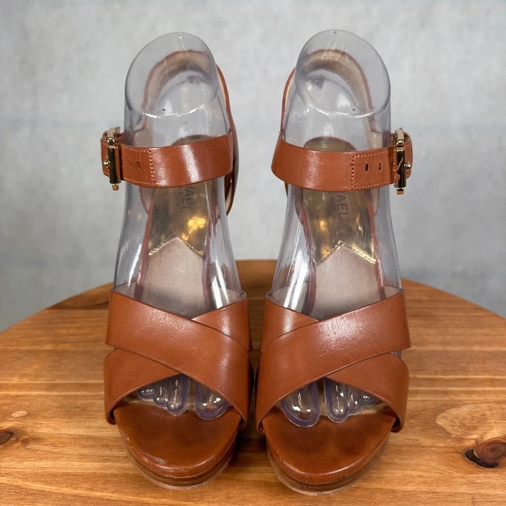 Michael Kors Platform Sandals Womens 8M Brown Good Leather Ankle Strap ST15A